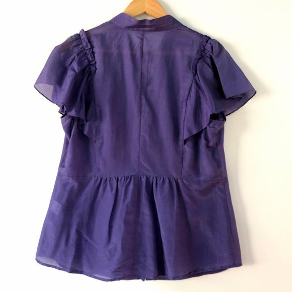 Anthropologie Flounce TBD Purple Silk Blend Short Sleeve Blouse Size L Button Up - Picture 4 of 7